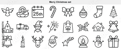 Christmas New Year Holiday Season Line Icon Set