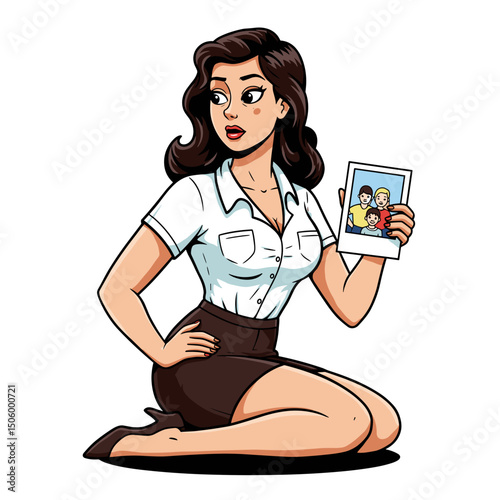 A stylish woman sitting on the floor, holding a photo and looking thoughtful