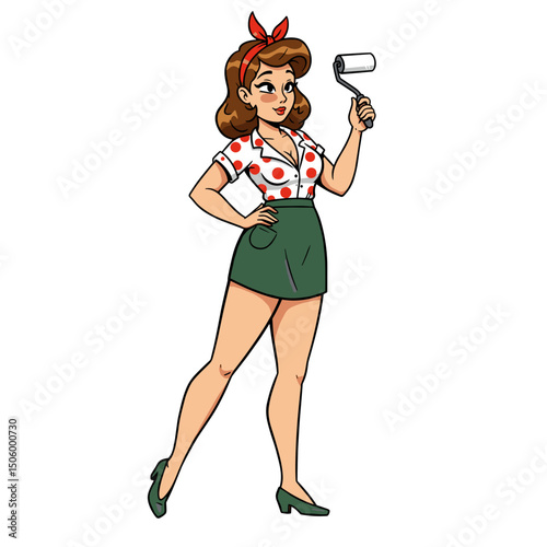 A confident woman in a polka dot blouse and shorts holding a paint roller, ready for a DIY project