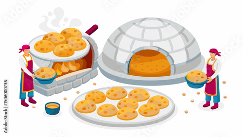 Freshly baked pita bread coming from oven with two bakers in colorful aprons on white isometric