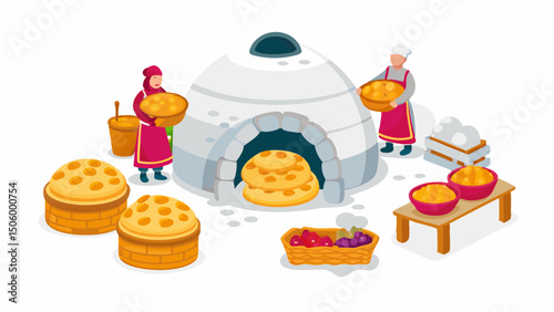 Traditional bread baking ceremony with a stone oven villagers sharing harvest simple vector
