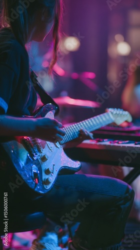 Musician Playing Guitar and Keyboard During Live Performance at Night in a Vi...