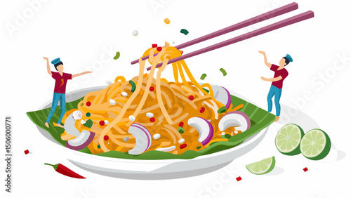 A vibrant and playful illustration of Pad Thai noodles presented with lime and a touch of whimsy on