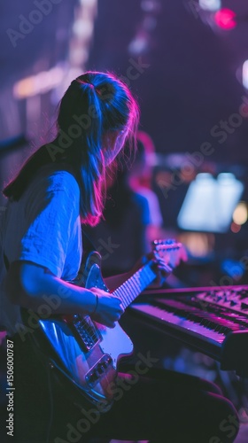 Musician Playing Guitar and Keyboard During Live Performance at Night in a Vi...