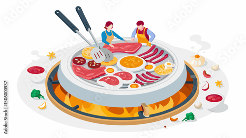 A lively Korean BBQ night grilling meats eggs and citrus with friends shown as bright isometric