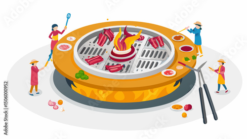 A fun isometric barbecue with family preparing meat on grill sparking joyous laughter in bright