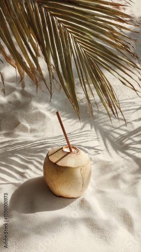 Fresh Coconut Drink Resting on Sandy Beach With Palm Shadows in Bright Sunlight.