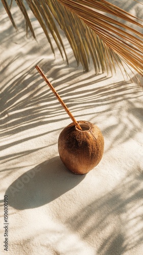 Fresh Coconut Drink Resting on Sandy Beach With Palm Shadows in Bright Sunlight