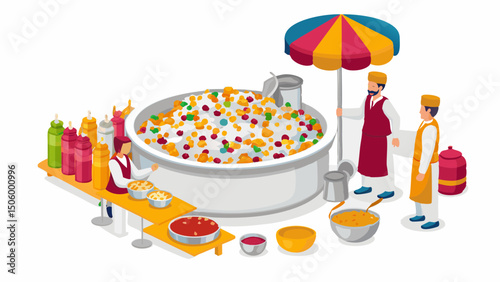Colorful street food stall tempting passersby with variety and vibrant presentation Isometric style