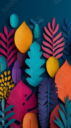 Colorful Arrangement of Paper Leaves in Vibrant Hues on a Dark Background.