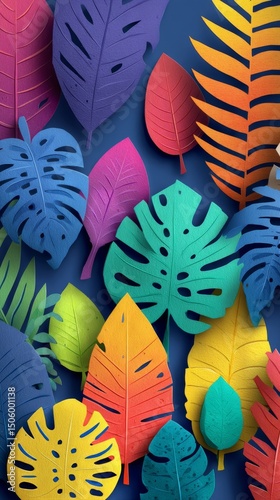Colorful Tropical Leaves Arranged Artistically on a Vibrant Background Showca...