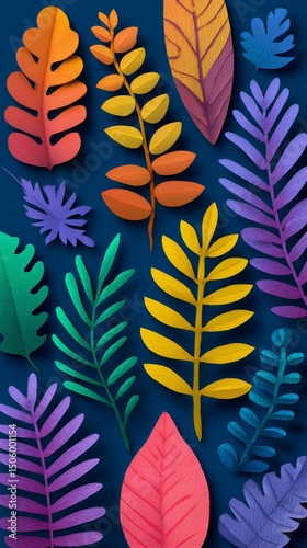 Colorful Tropical Leaves Arranged Artistically on a Vibrant Background Showca...