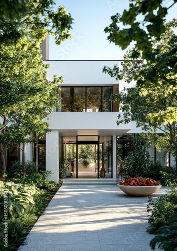 Modern Residence With Lush Landscaping and Garden Path at Golden Hour