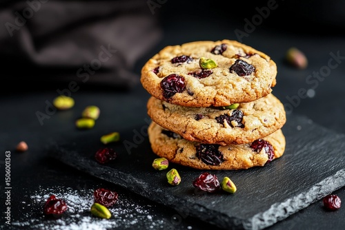 Delicious Cookies With Cherries and Pistachios Stacked on a Black Slate Plate