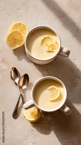 Warm Lemon Soup Served in White Bowls With Lemon Slices on a Textured Stone T...
