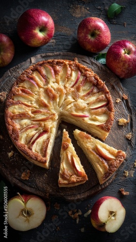 Delicious Apple Pie on a Wooden Platter With Sliced Pieces and Fresh Apples A...
