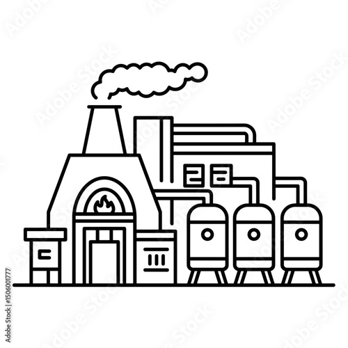 Industrial vitrification plant with tanks and smokestack icon  