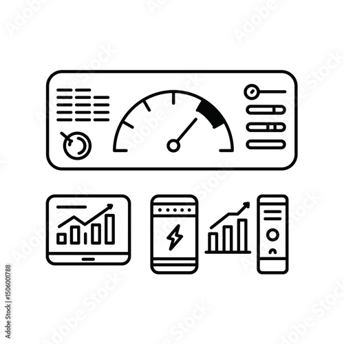 Energy dashboard with graphs and indicators for nuclear industry icon  