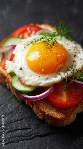 Delicious Breakfast Toast Topped With Fried Egg, Vegetables, and Herbs for a ...