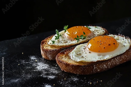 Delicious Toasted Bread Topped With Perfectly Cooked Sunny Side up Eggs and F...