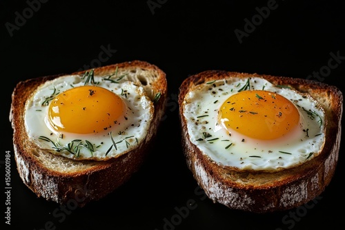 Freshly Cooked Fried Egg Served on Toasted Bread With Herbs and Spices for Br...