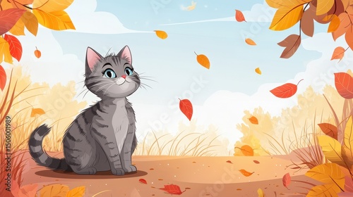 Tabby Cat Sitting Among Fallen Leaves in an Autumn Park with Warm Lighting