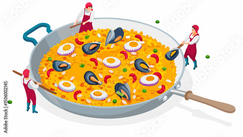 A team preparing a Giant Delicious Seafood Paella for a festive family gathering with bright crisp
