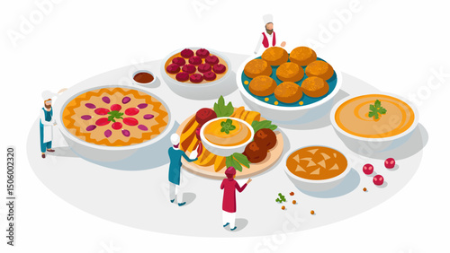 Preparing a festive Middle Eastern feast with hummus falafel and delicious soups in bright isometric