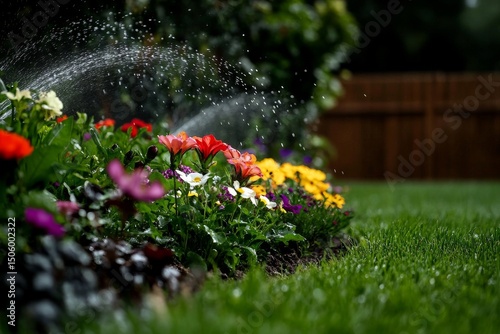 Colorful Flowers Being Watered in a Well-Maintained Garden During a Sunny Day.