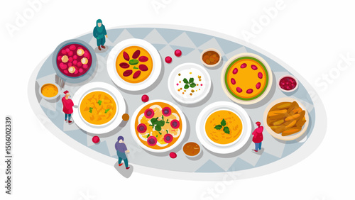 A vibrant array of global soups presented like a banquet for tiny guests an isometric feast on a big