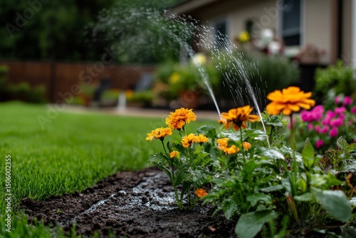 Colorful Flowers Being Watered in a Vibrant Garden During Daytime.