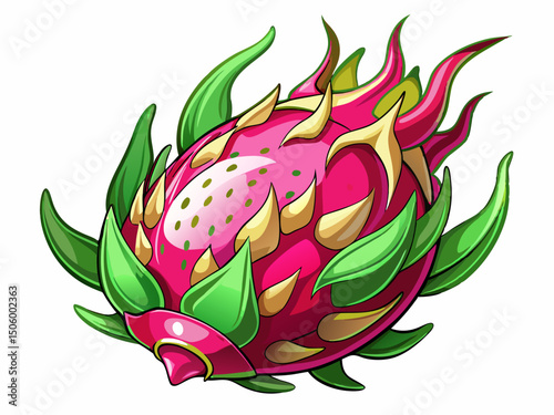 A colorful vector illustration of a dragon fruit with pink skin and green spikes, isolated on white
