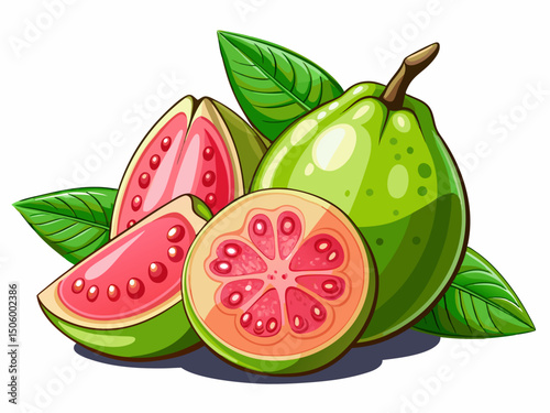 A vector of whole and sliced guava fruit with pink pulp and seeds, isolated on white