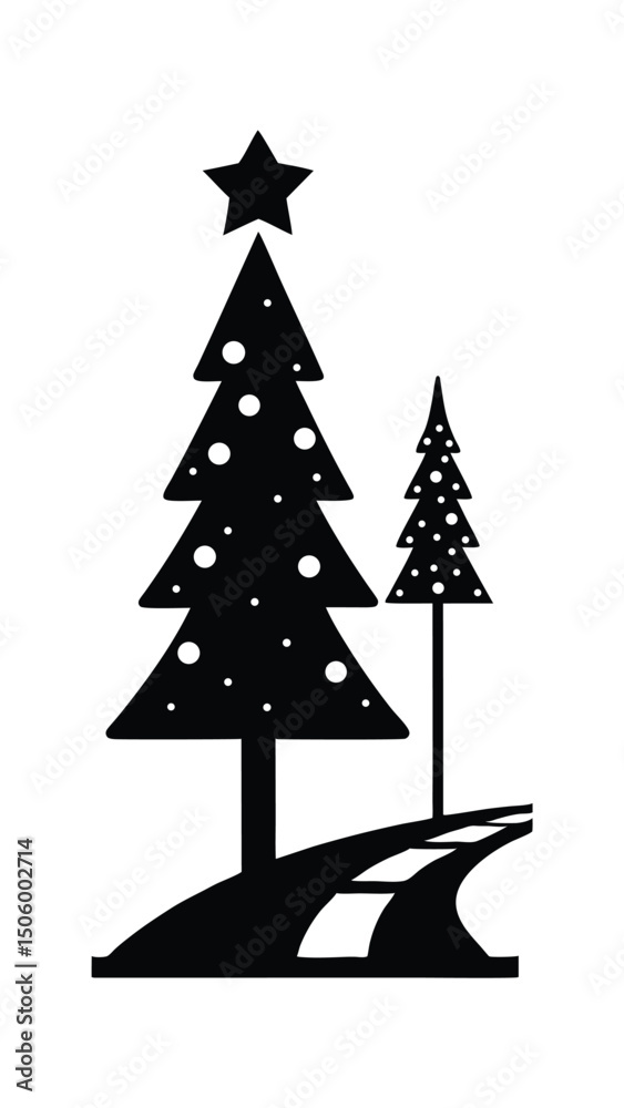 Obraz premium Christmas Trees on Road Black and White