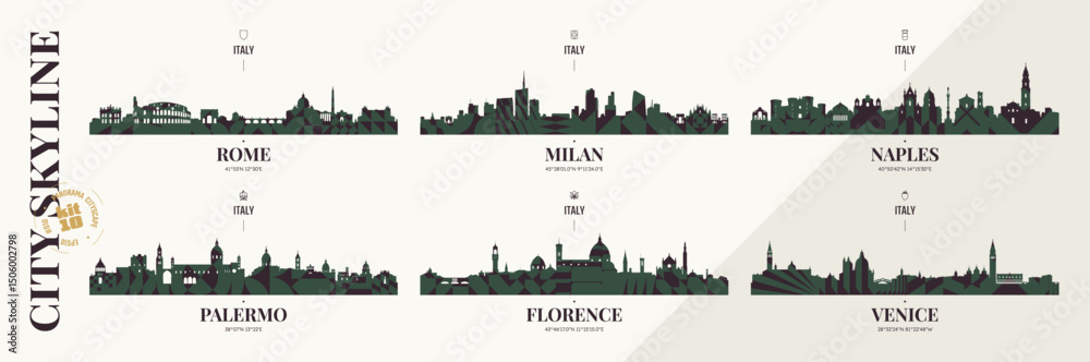 Obraz premium City skyline silhouettes Rome, Milan, Naples, Palermo, Florence, Venice, Panoramas of Italian cityscape horizon with abstract brutalism geometric pattern, detail urban cityscape, kit 10