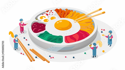 A whimsical team prepares a vibrant bibimbap bowl in a delightful food preparation scene with