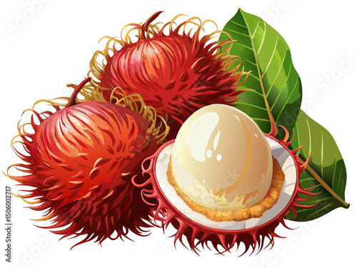 A realistic vector of fresh rambutan fruits with hairy red skin and peeled white flesh, isolated on white background