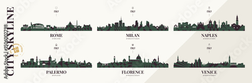 City skyline silhouettes Rome, Milan, Naples, Palermo, Florence, Venice, Panoramas of Italian cityscape horizon with abstract brutalism geometric pattern, detail urban cityscape, kit 10