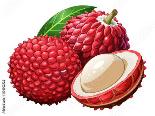 A high-quality vector of peeled and whole lychees, showing red spiky shell and white inner fruit, isolated on white