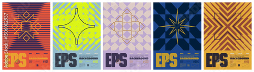 Postmodern geometric compositions with abstract ornament in brutalism aesthetics, colorful vector trendy simple modernism mosaic pattern, Modern art poster in Y2K style, A4 rave print artwork