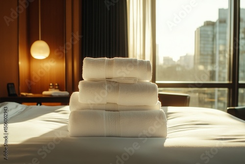 Luxurious White Towels Stacked on a Hotel Bed With Sunlight Streaming Through...