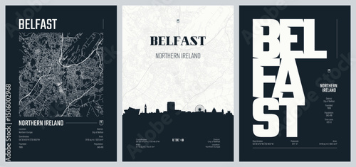 Set of travel posters with Belfast, detailed urban street plan city map, Silhouette city skyline, vector artwork, set 2