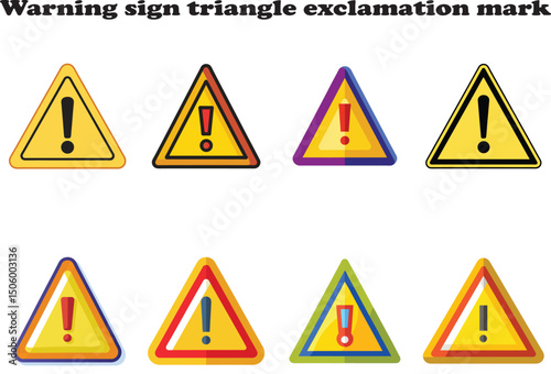 Set of  Yellow triangle warning sign vector with an exclamation mark on a white background for safety alerts, caution signage, and UI hazard indicators in flat design