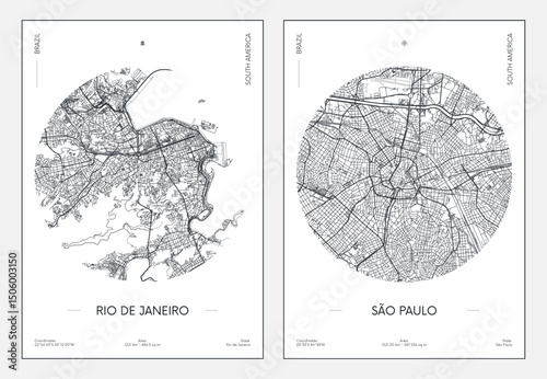 Travel poster, urban street plan city map Rio de Janeiro and Sao Paulo, vector illustration