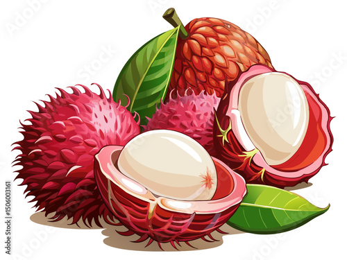 A high-quality vector of peeled and whole lychees, showing red spiky shell and white inner fruit, isolated on white