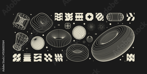 Vector graphic assets kit acid style, Postmodern abstract geometric shapes with wireframe elements of different forms, Y2K trendy design in brutalism aesthetic, template symbols set 13