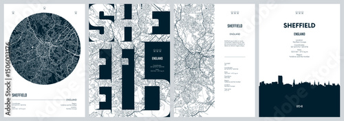 Set of travel posters with Sheffield, detailed urban street plan city map, Silhouette city skyline, vector artwork