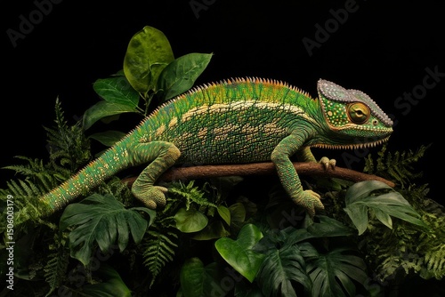 Lizard Resting on a Branch Among Lush Green Leaves in a Tropical Setting