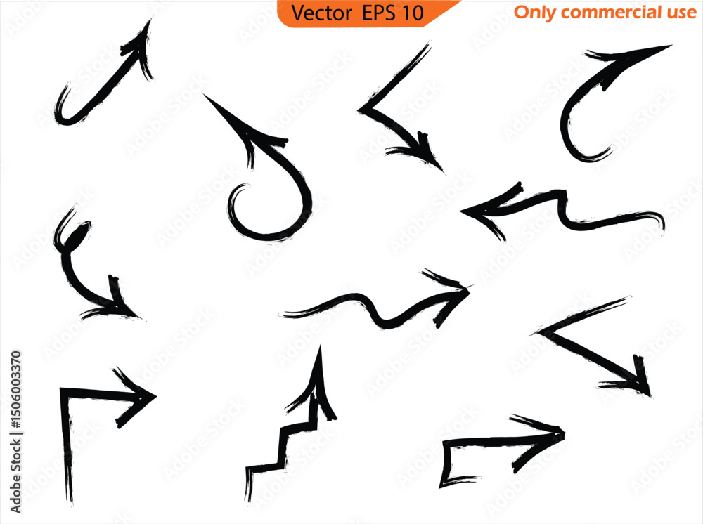 Hand drawn arrow vector icons set. Sketch arrow design for business plan and education. Set of arrows black icons. Circle arrows, rotate arrow, redo process symbol. Hand drawn sketch arrows design. 