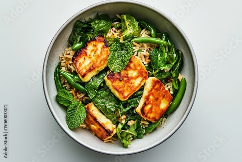 Delicious Spinach and Rice Bowl With Grilled Cheese and Fresh Herbs Prepared ...